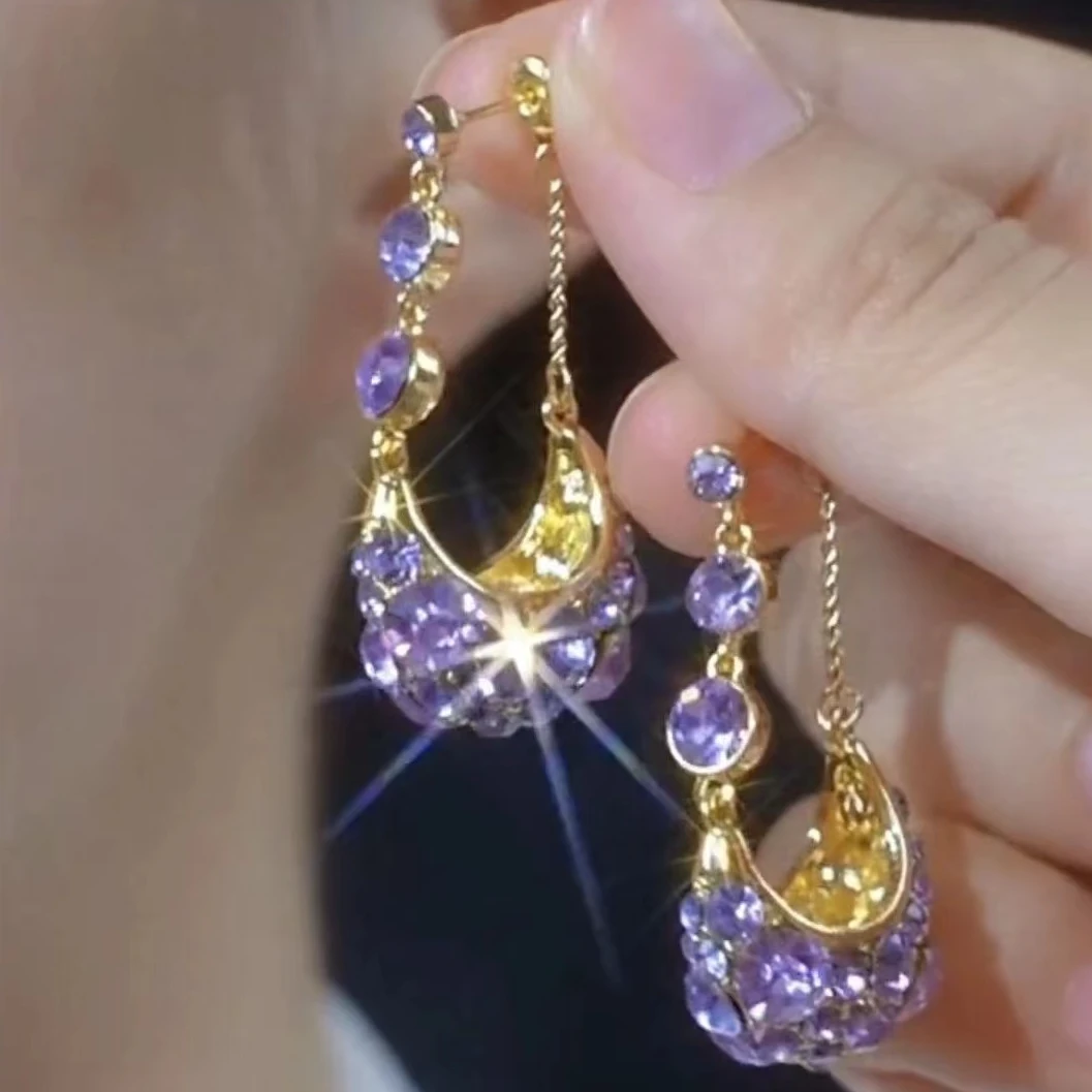 合金仿水晶耳饰 新款高档奢华紫色耳环女紫色流苏提篮耳坠