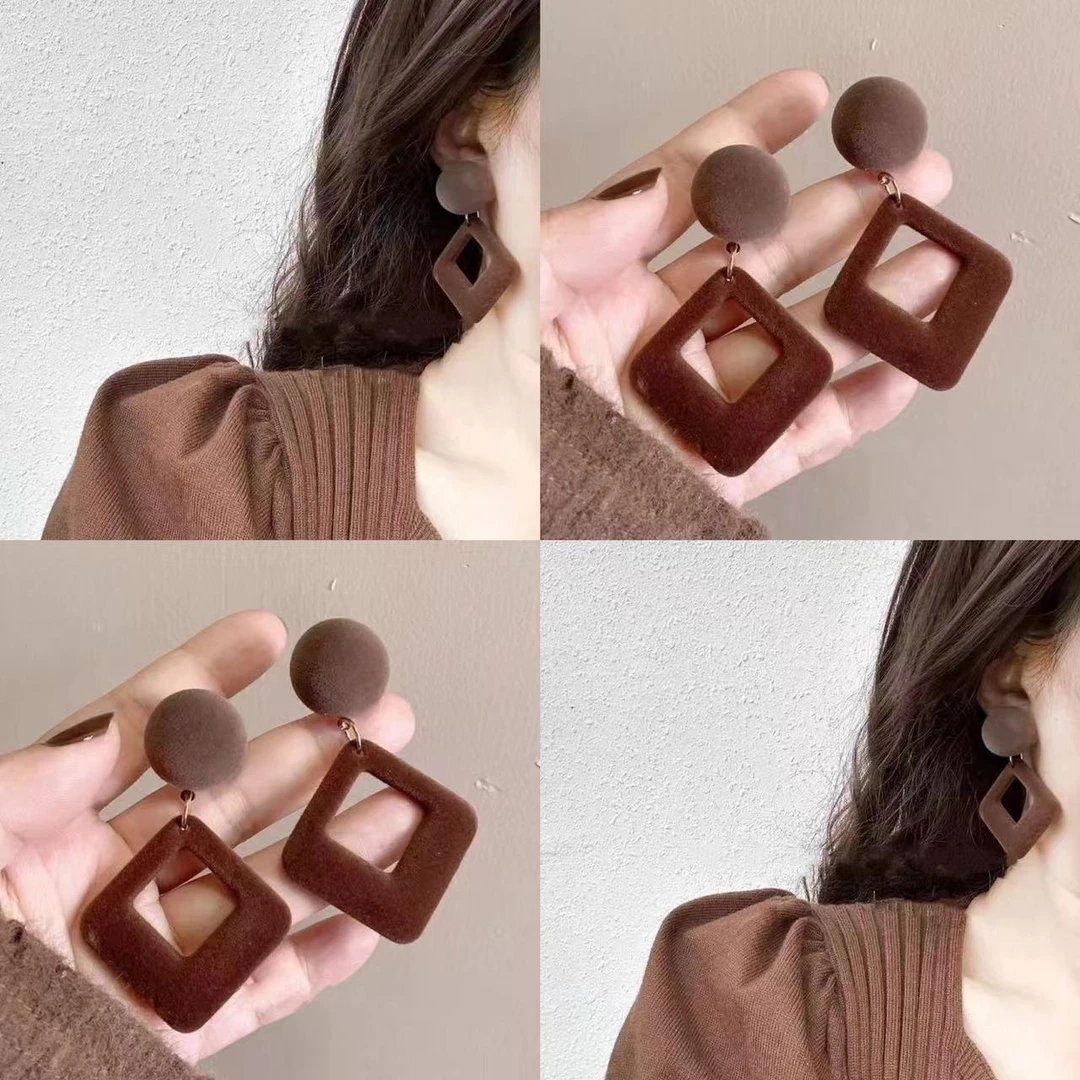 植绒栗子气质几何耳环棕色毛绒冬季新款简约高级秋冬复古耳钉耳饰