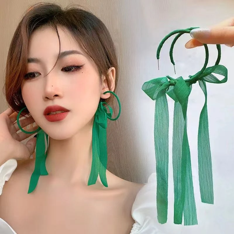 森系绿色飘带蝴蝶结耳环女大圆圈圈夸张圆环耳圈海边流苏耳钉耳饰