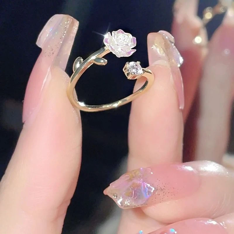 小红书同款荆棘山茶花戒指女小众设计高颜值玫瑰开口戒送女生礼物