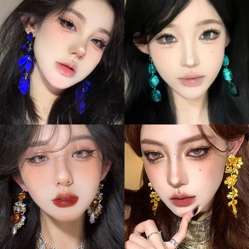 合金耳饰 复古蓝色花瓣流苏长款耳环耳坠清冷感轻奢夸张气质耳钉