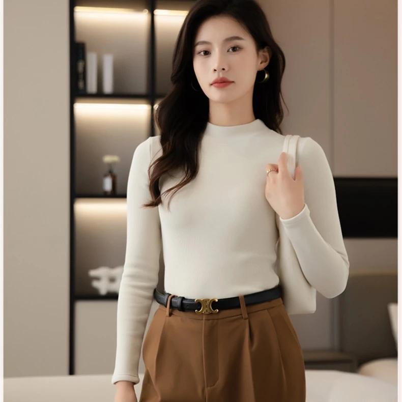 SKFV半高领加绒加厚修身打底衫女冬季大码螺纹小立领内搭保暖上衣