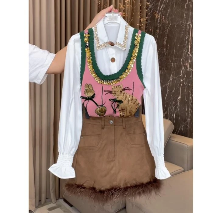 芙娜妮polo领设计感保暖休闲风秋季新款不规则半裙两件套F2431917