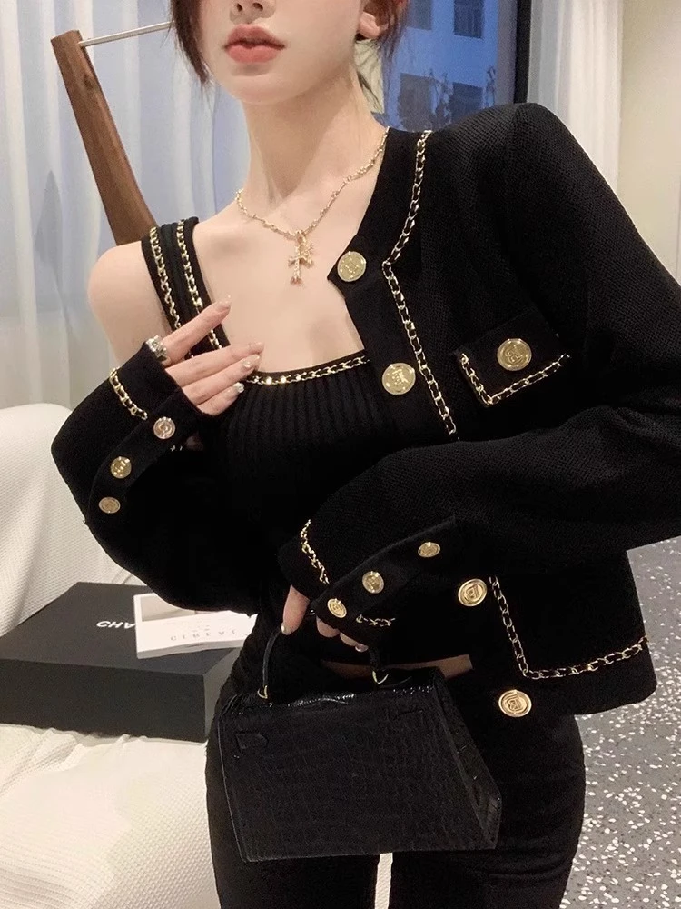 黑色小香风外套女春秋2023年新款高级感法式名媛短款针织开衫上衣