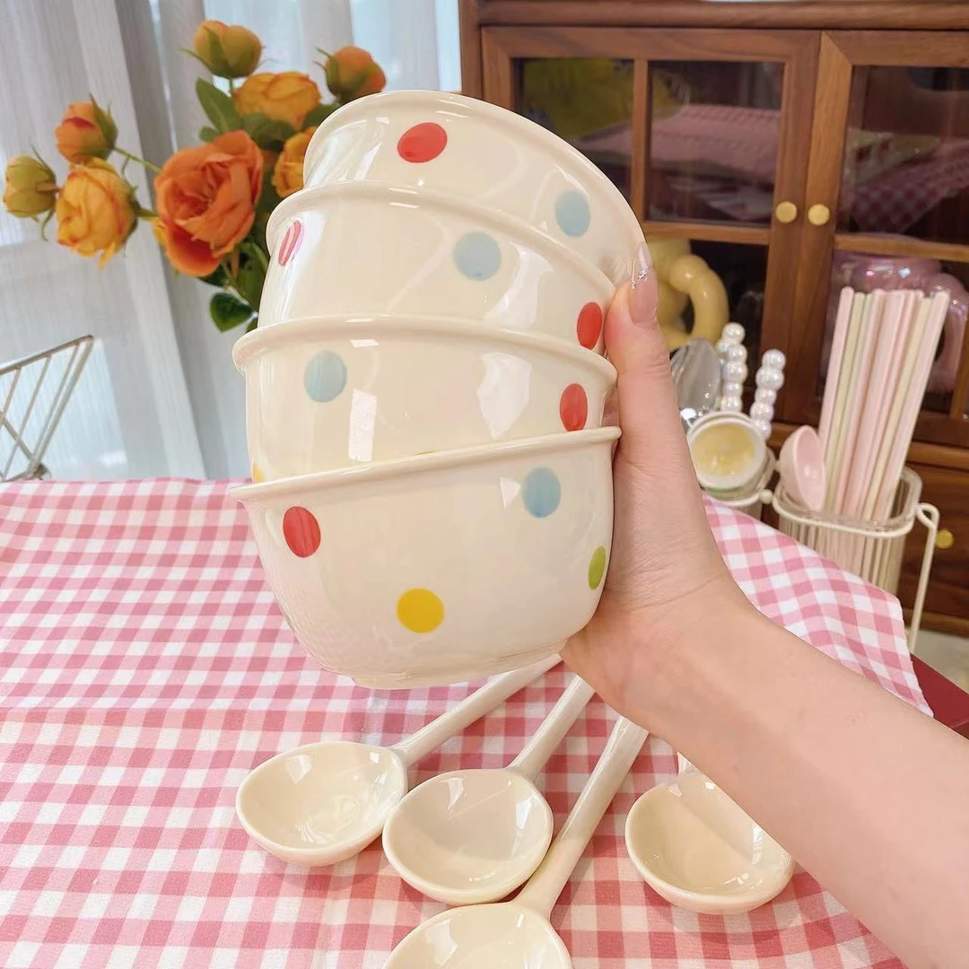 缤纷4.5英寸米饭碗4个装组合家用波点吃饭碗勺甜品碗高颜值饭碗