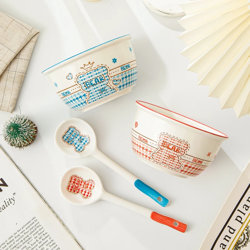 卡通釉下彩陶瓷可爱少女心餐具千鸟格小熊4.5英寸米饭碗（2碗2勺）