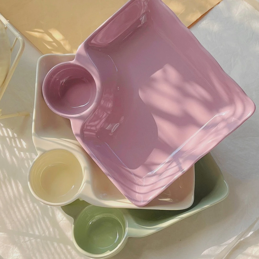 8英寸马卡龙饺子盘陶瓷寿司菜盘带醋碟炸鸡餐盘多功能水果盘家用