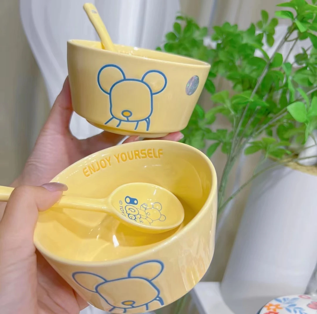 qee【奶油风暴力熊】暴力熊ins风餐具釉下彩（2碗2勺）
