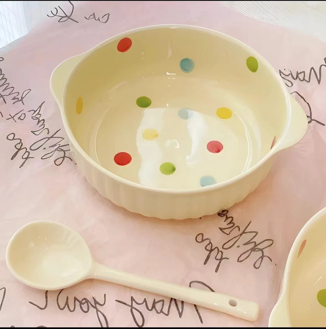 【2件套】1碗1勺家用双耳碗釉下彩陶瓷沙拉碗泡面碗宿舍学生碗套装