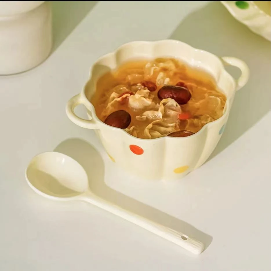 缤纷彩色波点小南瓜碗长柄勺家用陶瓷餐具燕麦碗早餐碗釉下彩