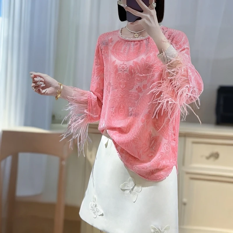 时尚新中式真丝乱花绒拼鸵鸟毛仙仙百搭上衣2431