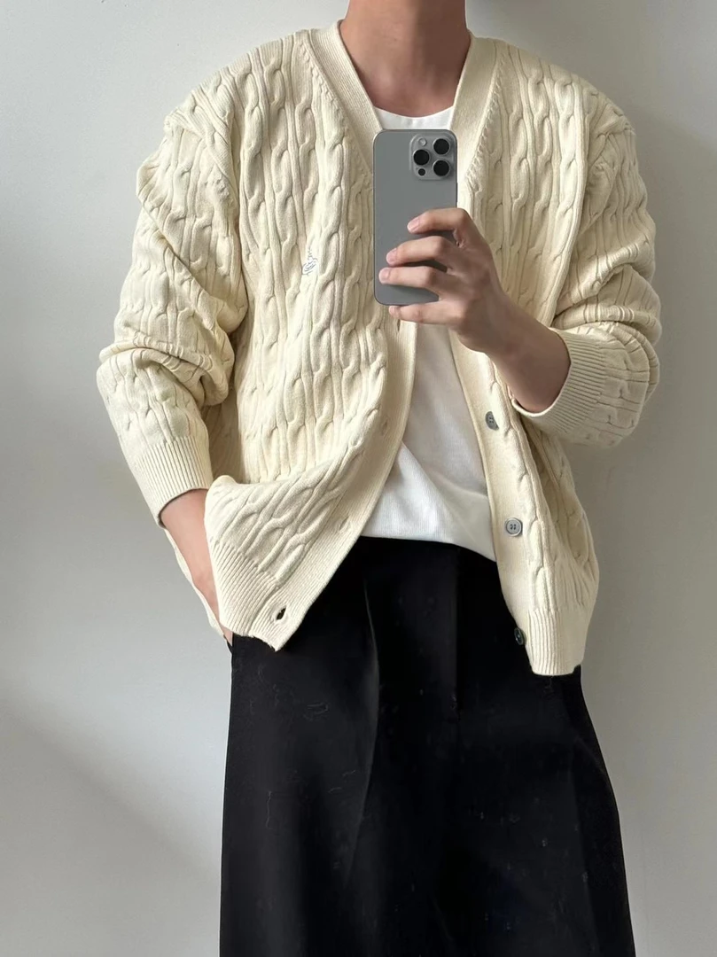 秋冬立体水波纹刺绣厚款开衫男简约时尚百搭毛衣韩版宽松休闲外套