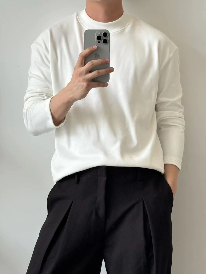 秋冬百搭基础款定制婴绒垂感软糯半高领打底衫男宽松休闲短款外套