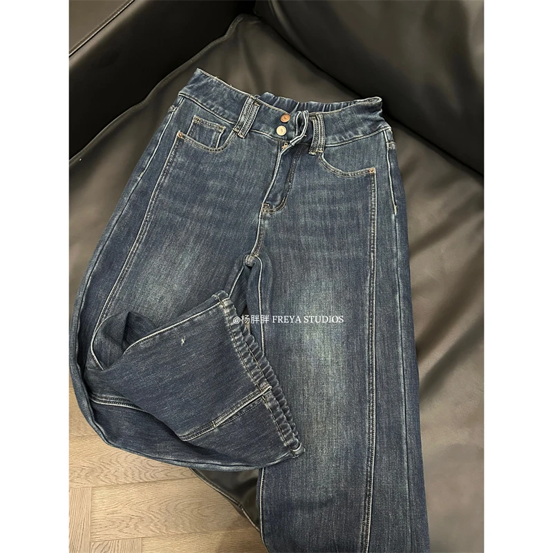 YPP!【加绒开叉牛仔裤】秋冬复古高腰阔腿牛仔裤设计感水洗牛仔长裤