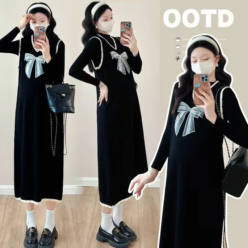 2024新款孕妇钉珠蝴蝶结背心裙两件套时尚打底针织裙显瘦中长款