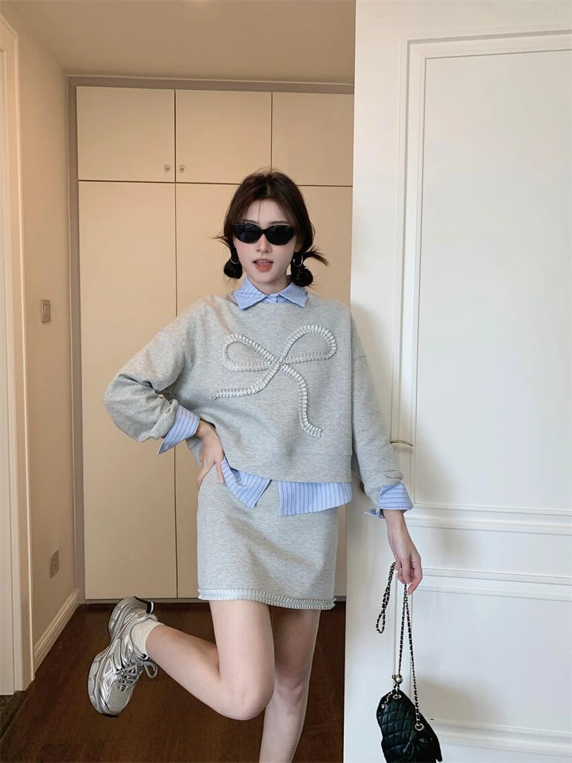 慵懒风宽松卫衣女秋季内搭衬衫设计感短款上衣半身裙三件套搭配