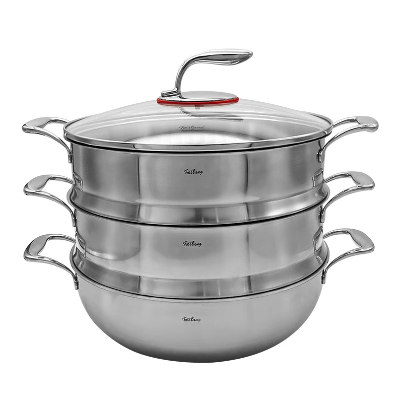 32CM蒸锅一锅两屉一盖18/10不锈钢通体三层 双耳多层烹饪送百洁布