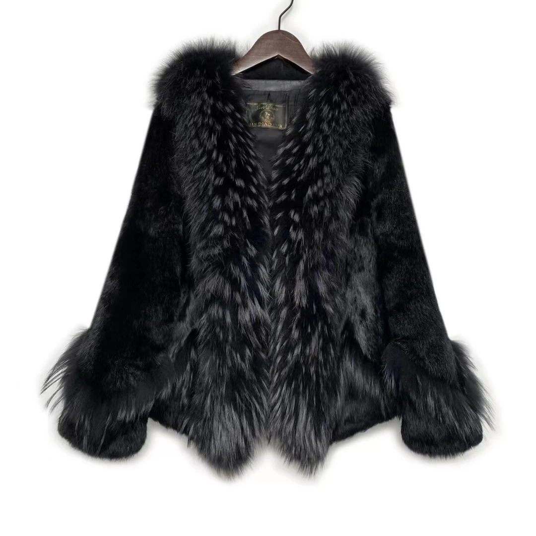 海宁轻奢高端貉子大门襟兔毛皮毛时尚百搭不挑人短外套7777款