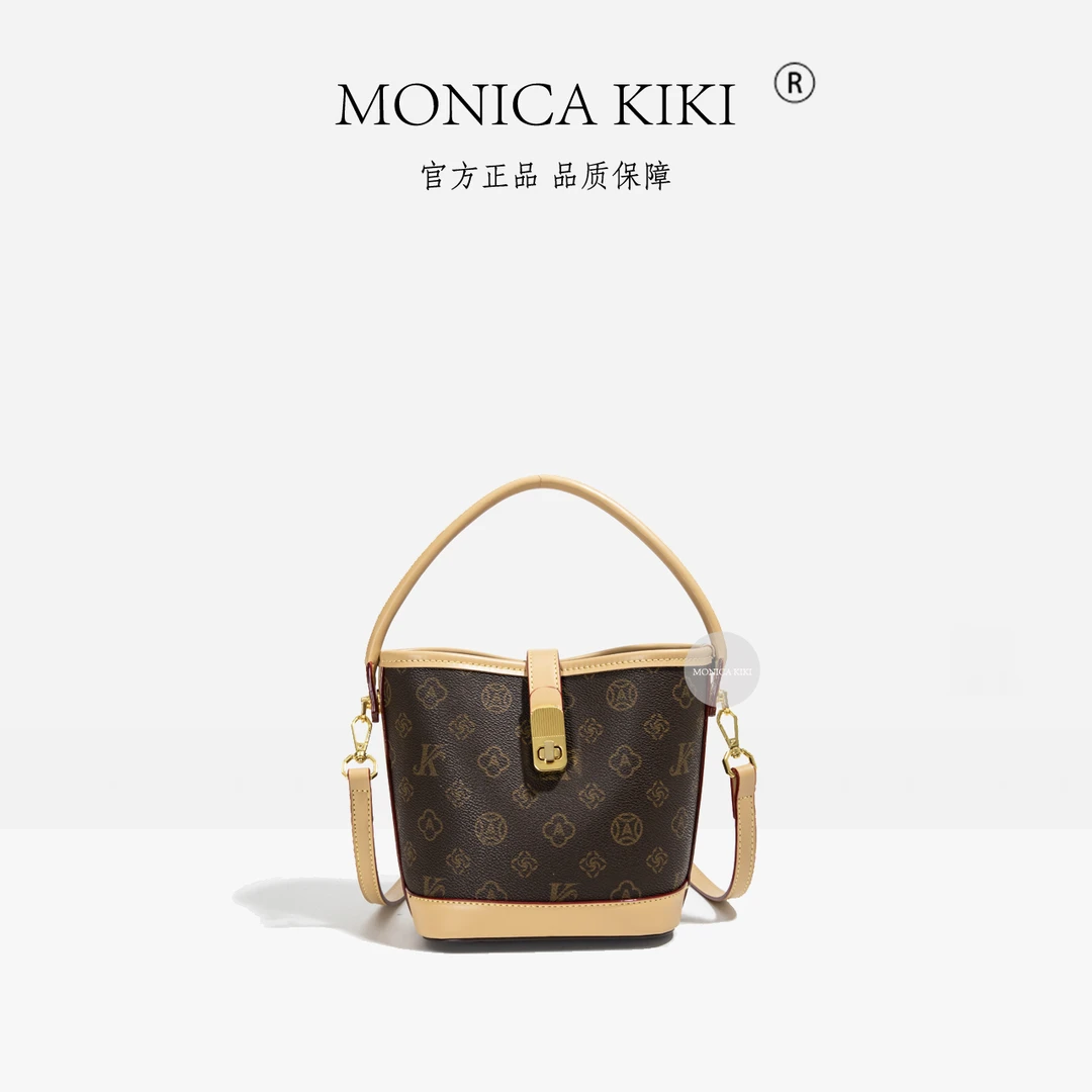 时尚经典水桶托特包小号女士棕色抽绳拼色肩包中号