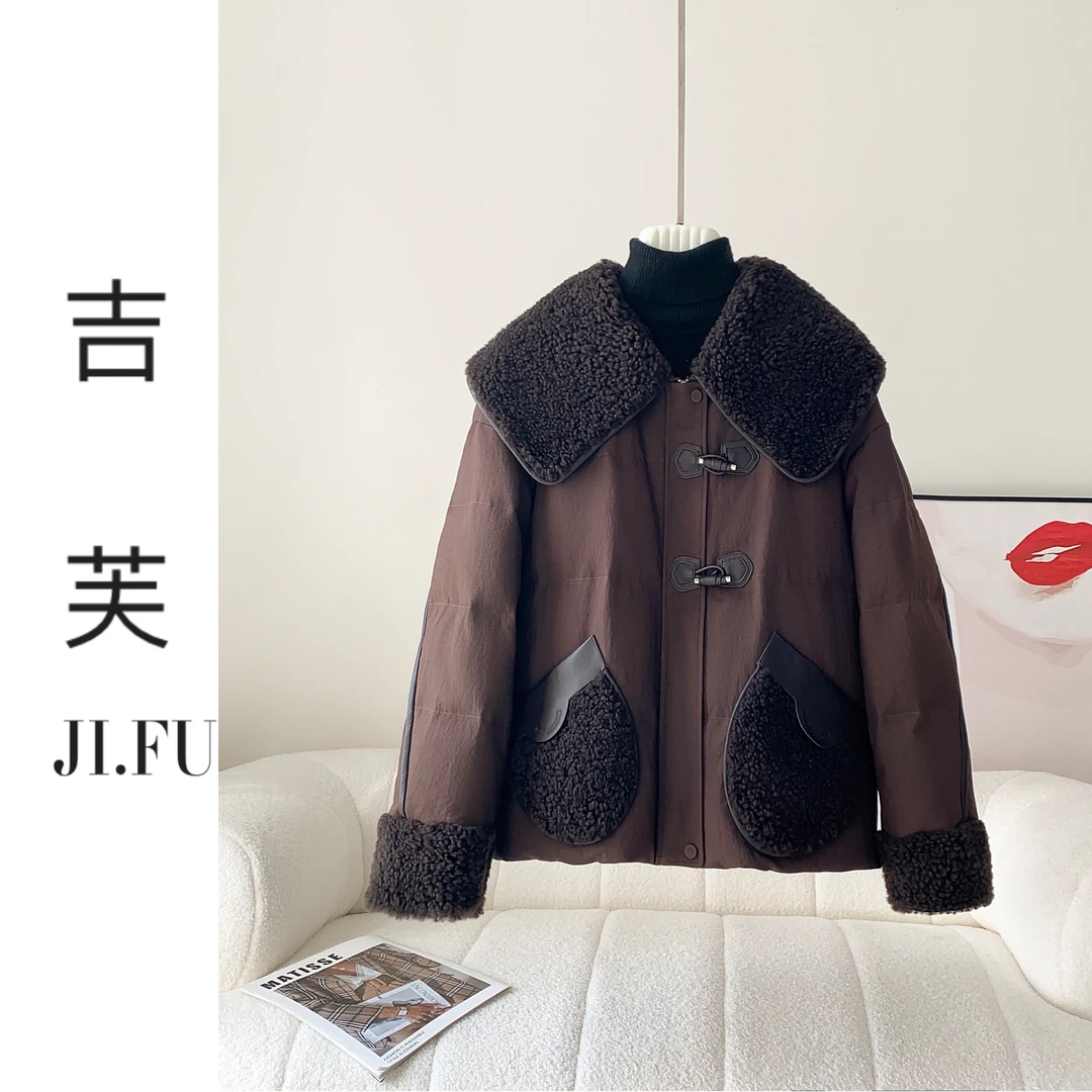 【JIFU】皮毛一体拼接中空纱90国标白鹅绒短款大翻领时尚百搭外套