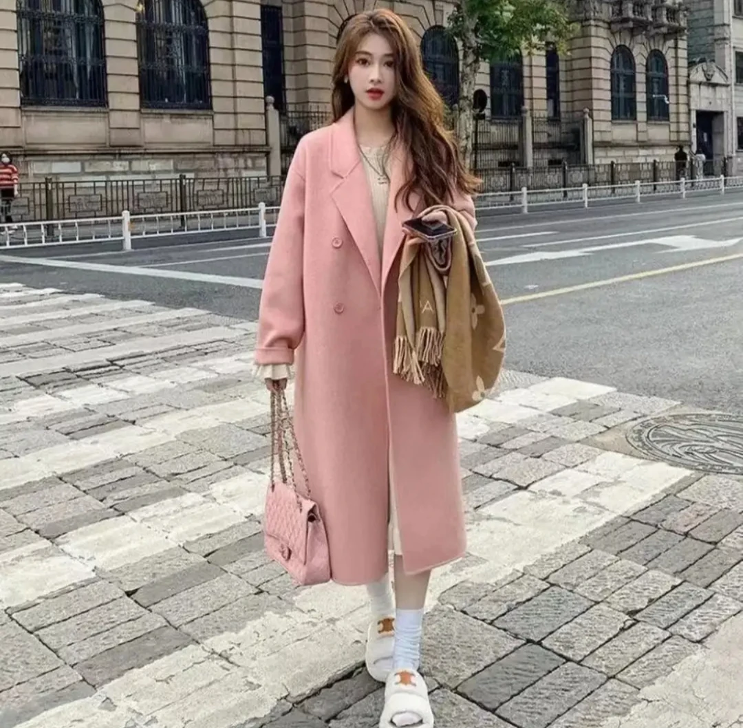 ZP8818新款四粒扣双面羊毛大衣时尚百搭舒适西装领女长款宽松外套