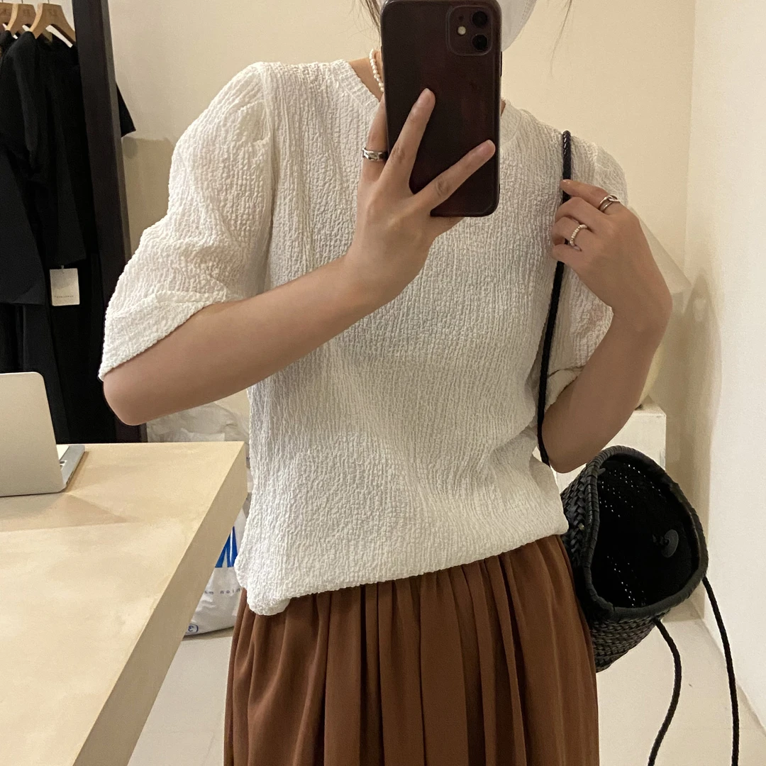 MUSTARD OUR 韩系简约褶皱纯色圆领百搭短袖T恤