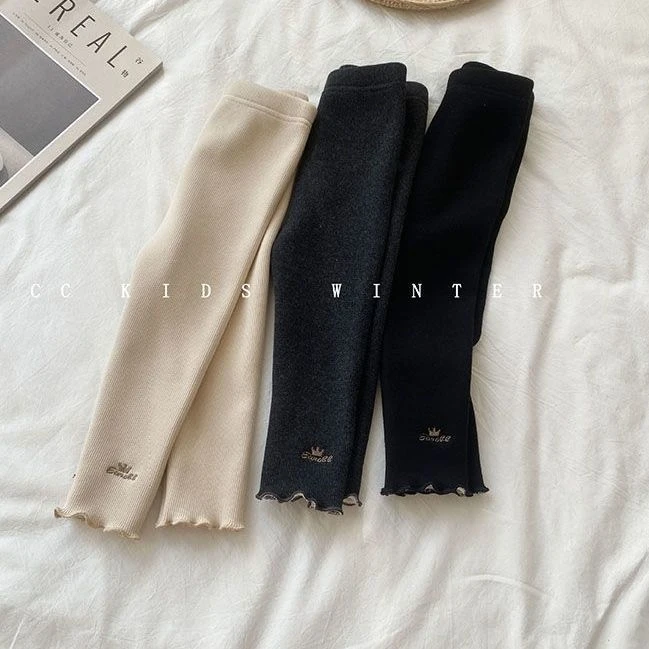 萌酷冬季新款儿童木耳卷打底裤加绒/不加刺绣小皇冠一体绒保暖女