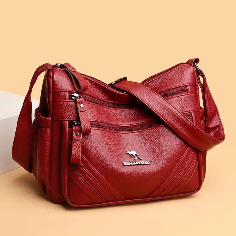 品牌真皮质感女包斜挎包2024新款多层大容量妈妈包软皮女士单肩包