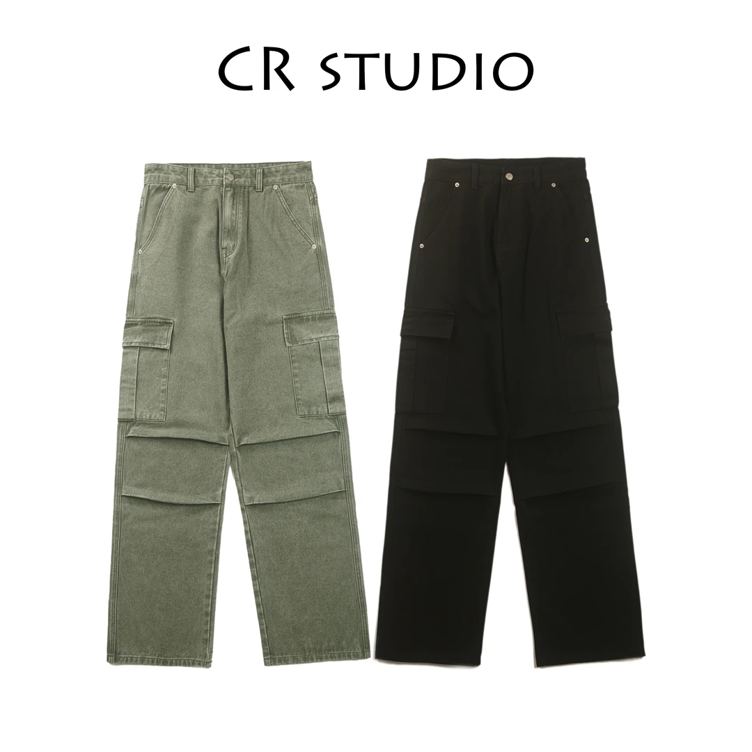 美式休闲工装裤做旧复古黑色绿色硬挺版型宽松阔腿多口袋长裤668