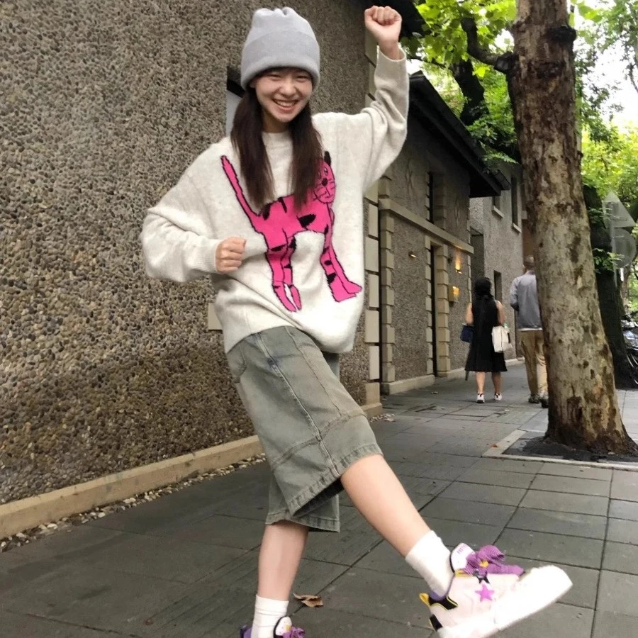 小众慵懒风毛衣女秋冬oversize设计感套头针织衫宽松美式外穿上衣