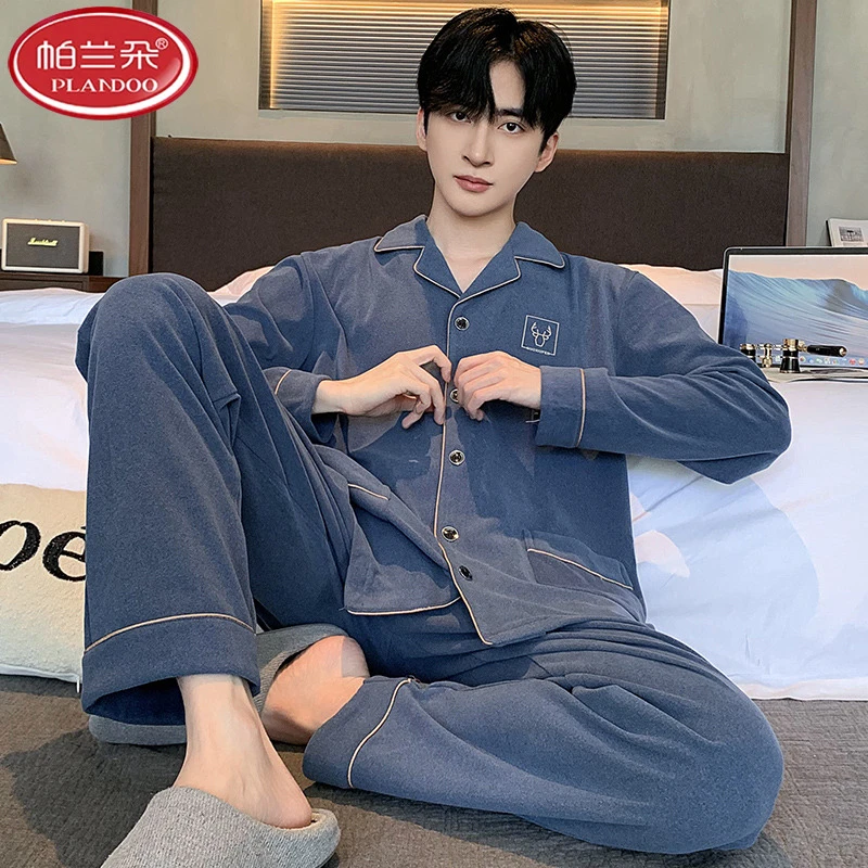 帕兰朵男士长袖睡衣秋冬季2025新款德绒加厚保暖发热薄绒开衫中青