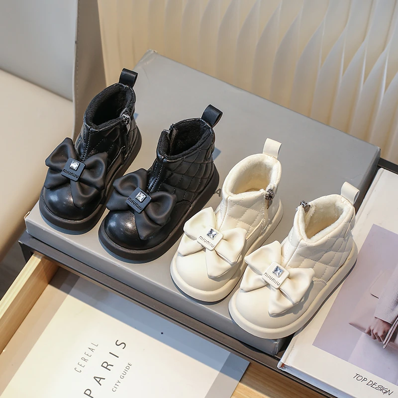 中大童时装靴2023冬季新款女孩子公主风蝴蝶结加绒学生保暖加棉靴