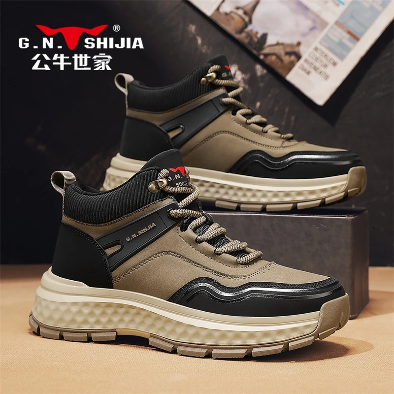 公牛世家2025秋冬马丁靴鞋子耐磨潮鞋潮流中帮高帮冬季户外休闲鞋