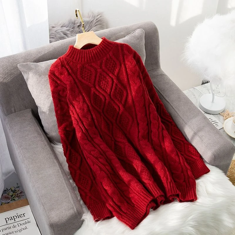 圆领洋气韩版毛衣女宽松慵懒风红色麻花套头中长款秋冬季针织衫裙
