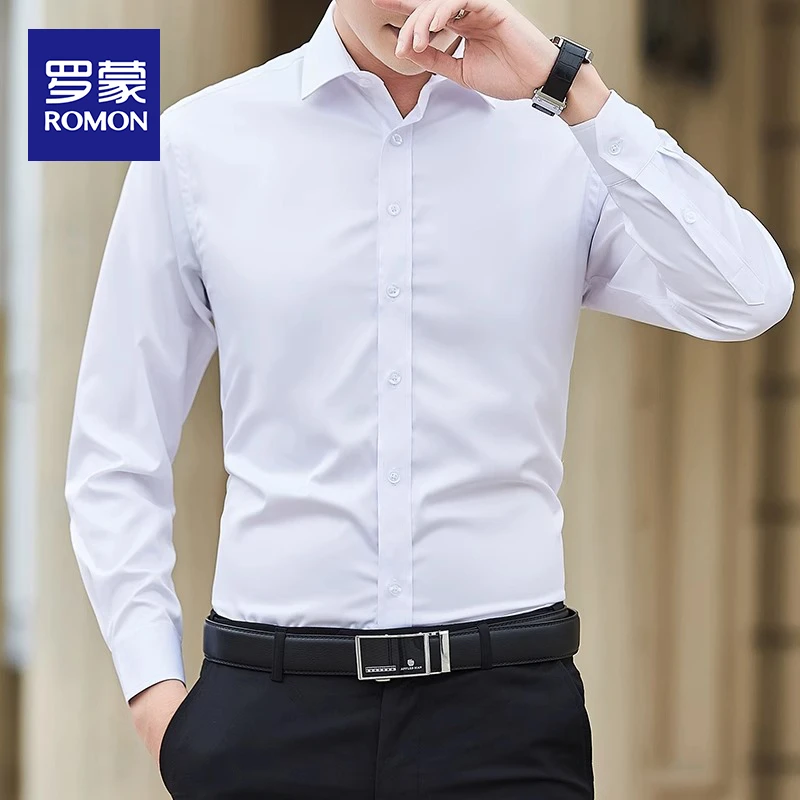 罗蒙2025年新款男士长袖衬衫春秋职业上衣服免烫商务扣子衬衣秋装