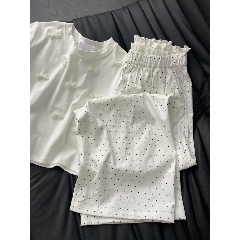 白色波点蕾丝休闲裤子女2024新款宽松慵懒松弛感夏季薄款阔腿长裤