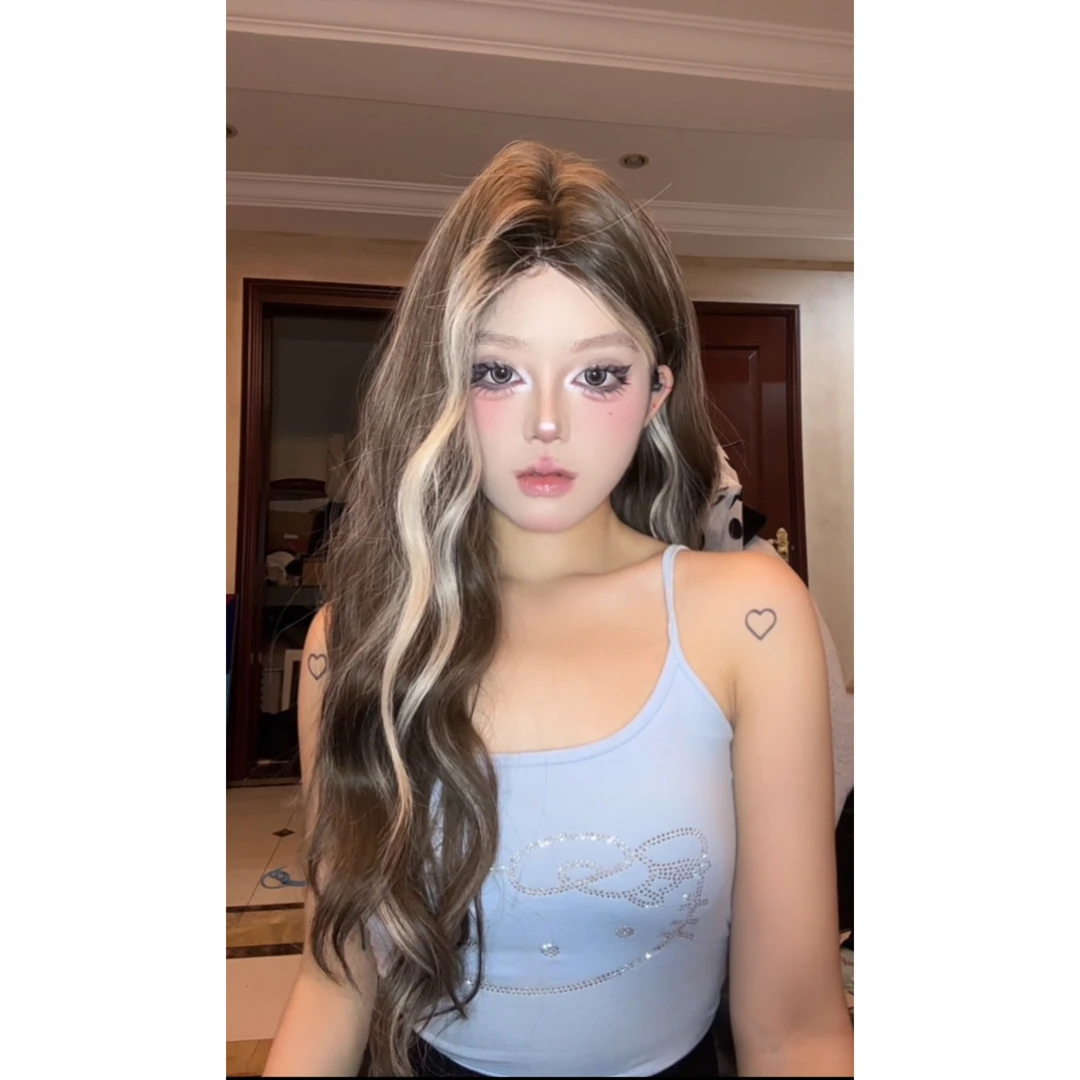 圆圆专属【美式辣妹】假发女亚裔风灰金挑染小额蕾丝甜酷中分长卷发