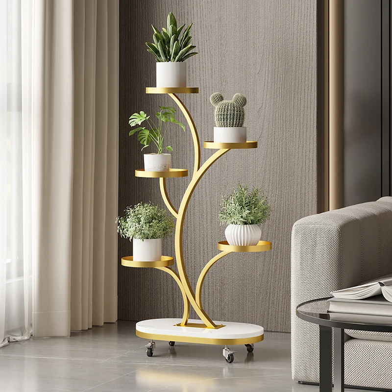 高端花架子客厅落地式阳台置物架多肉轻奢万向轮铁艺花盆托架多层