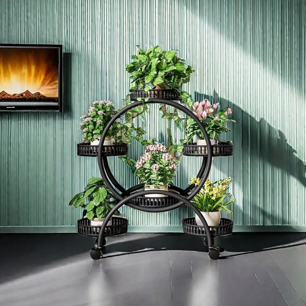 铁艺花架子客厅落地式室内阳台多层圆形带轮移动花盆架摆放置物架