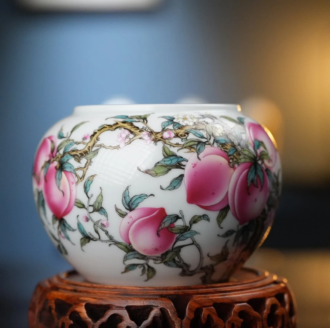 溢珍堂.粉彩花鸟九桃五福水洗茶道