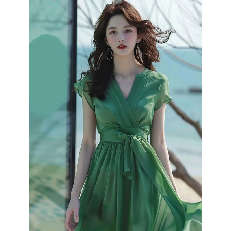 海边度假风绿色雪纺连衣裙夏款茶歇法式气质绝美初恋清纯奶甜裙子