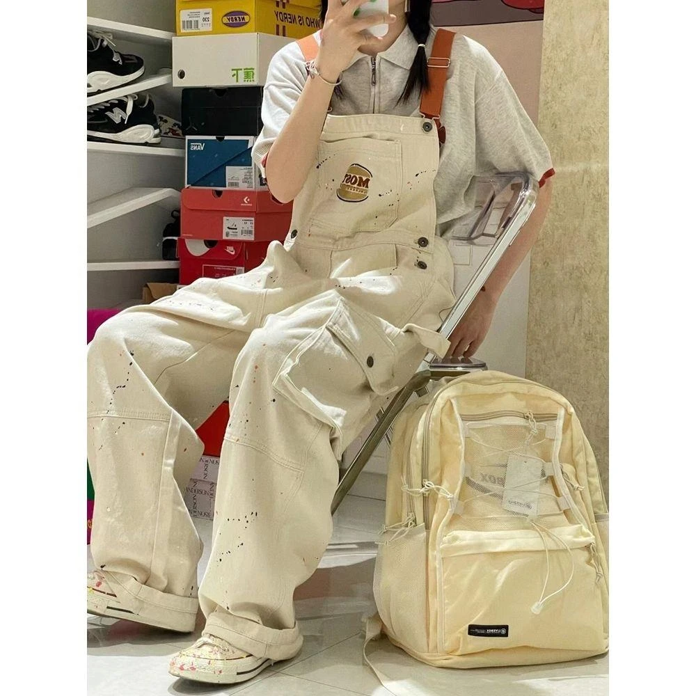潮牌刺绣泼墨卡其色牛仔背带裤女韩版宽松复古美式工装2022年夏季