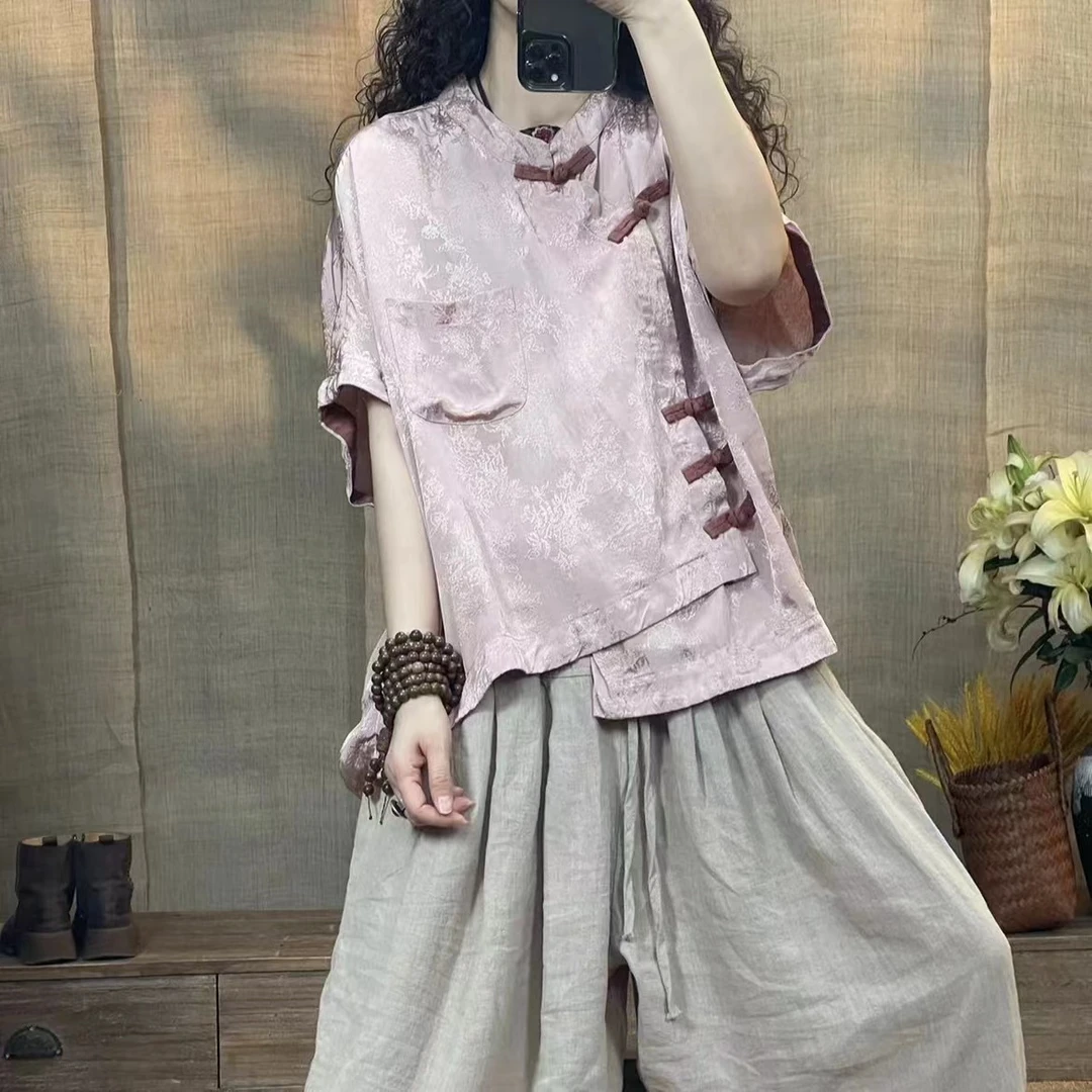 008 9081 夏季新中式提花绸缎斜襟扣江南风上衣(长63-74胸围120)