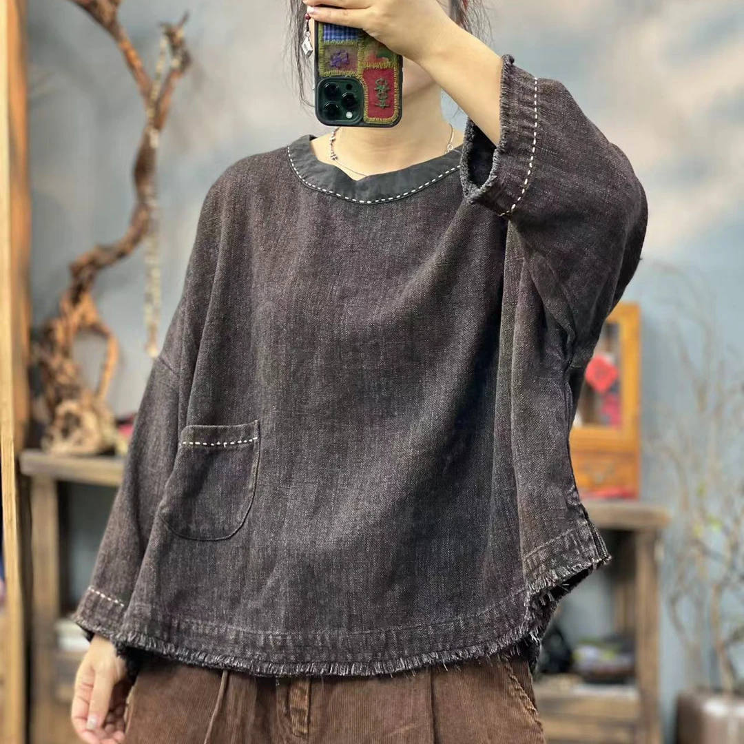 HH 0731 秋季新品粗麻休闲圆领套头百搭女士上衣 胸围154长59