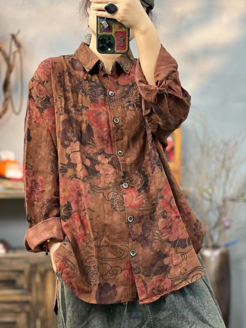 MF 衬衣新品红色复古印花文艺休闲衬衫女长袖上衣 胸围130长70