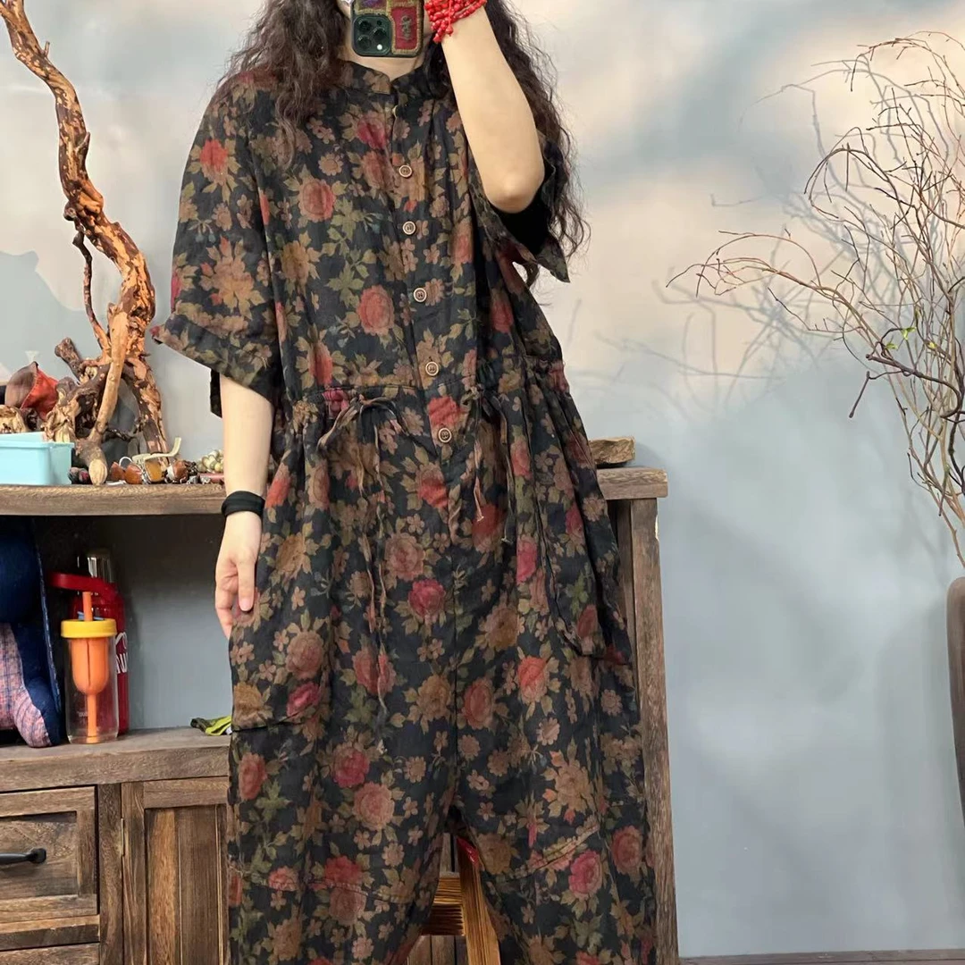 007 8563 姹紫嫣红休闲花色亚麻女士连体裤 胸围130臀围140长126