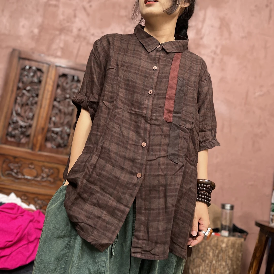 016格子亚麻女士衬衫胸围122长69