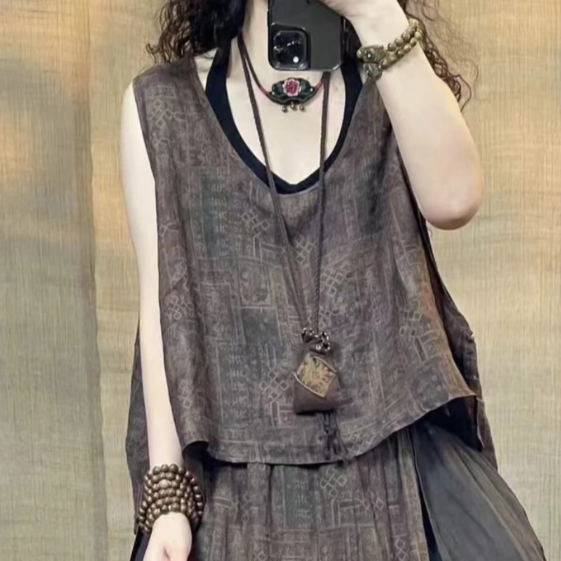FF 2436 苎麻坎肩休闲复古花色百搭女士背心马夹 胸围146衣长52