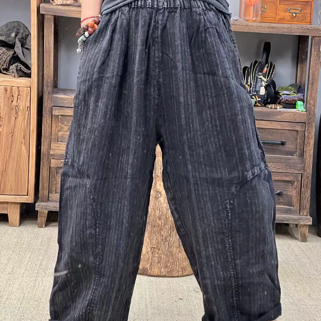 DD 2402 秋季新品条纹亚麻休闲女士裤子 臀围130长88
