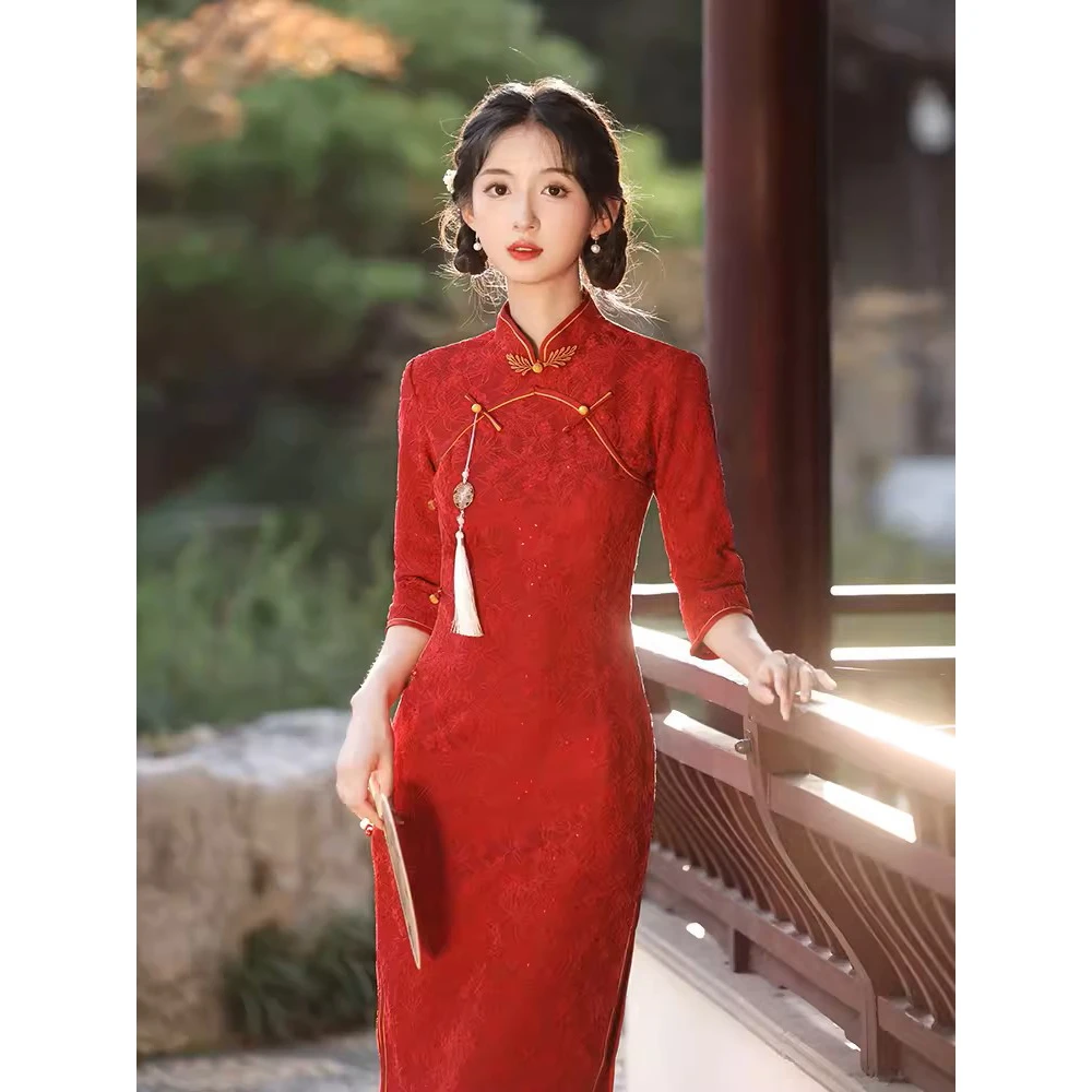 【百媚千娇】酒红色改良旗袍年轻款修身显瘦复古中式敬酒新娘服